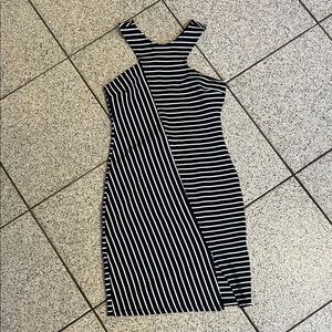 Zara One Shoulder Black and White Striped Dress